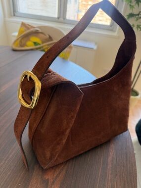 Brown Suede Shoulder Bag with Gold Buckle